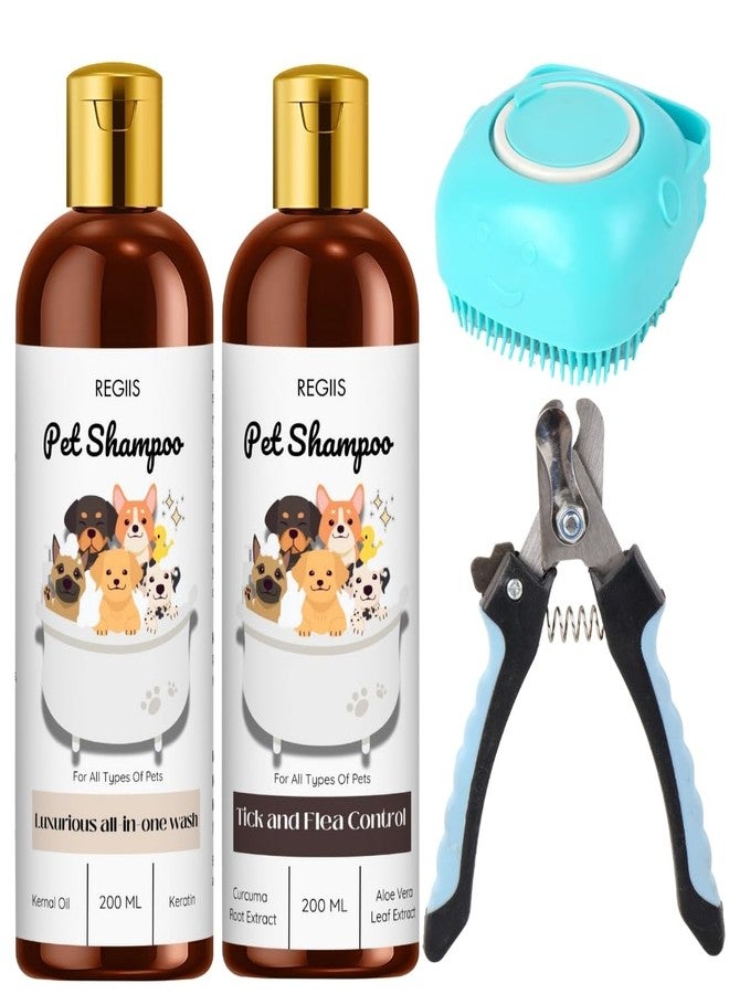 مجموعة ريجيس للعناية بالحيوانات الأليفة، تتضمن شامبو للكلاب، تركيبة لمكافحة القراد والبراغيث، فرشاة تدليك، مقص أظافر، 200 مل، مجموعة من 4 قطع - Image 1